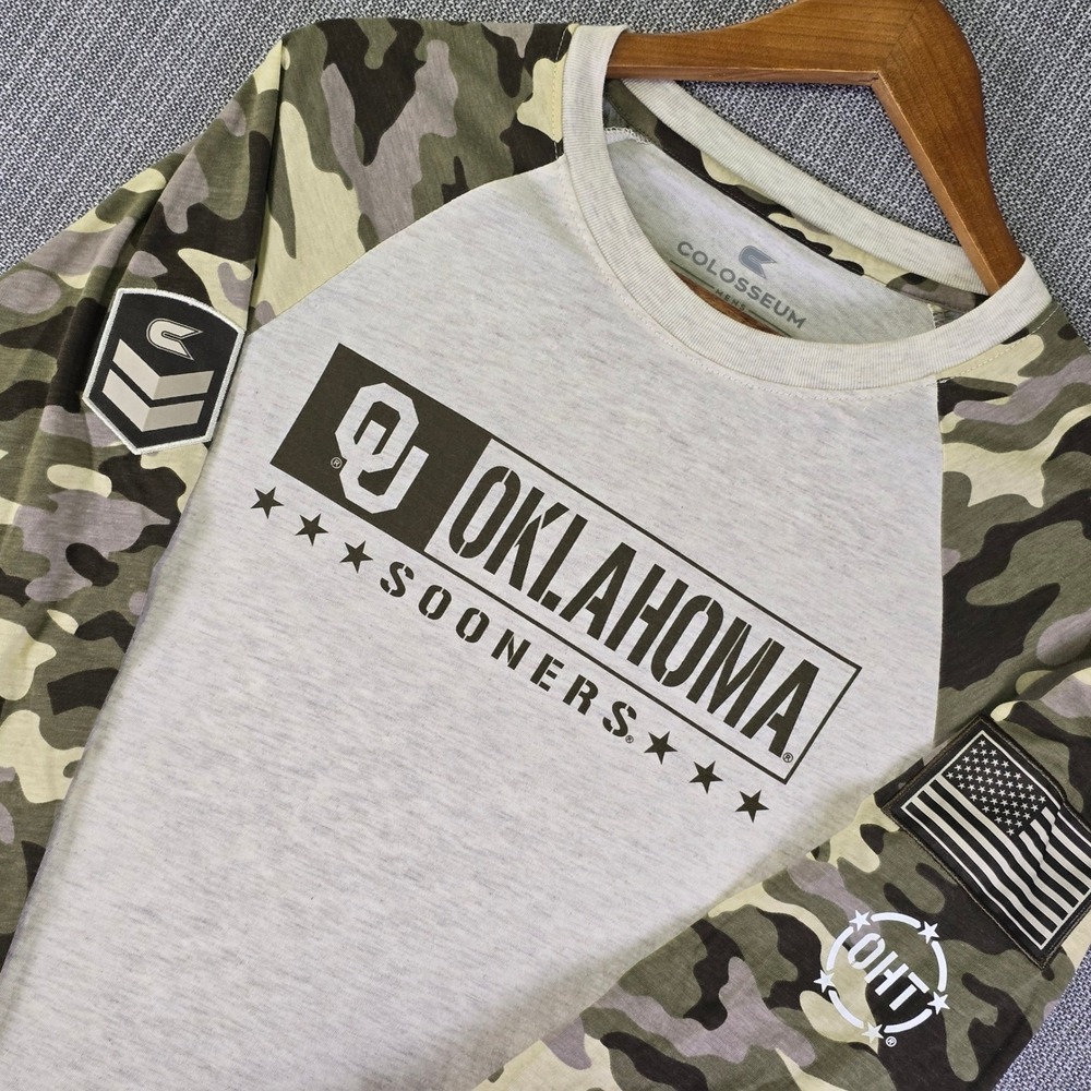 Oklahoma Sooners OU x Colosseum Raglan T-Shirt Mens M Camo Sleeve Military USA